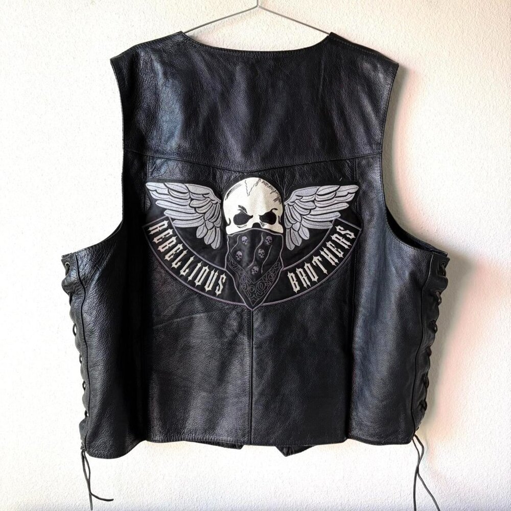 Vintage Genuine Leather Skull Embroidered Biker Vest Jacket Men's 4XL
